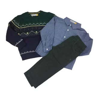 Σετ 3ων τεμαχιων παντελόνι πράσινο σκούρο πουκάμισο μπλέ και πουλόβερ